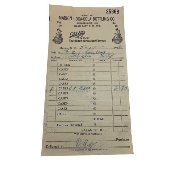 1936 Marion Coca-Cola Schlitz Bottling Receipts Lot of 3 SC Beer Ephemera - Picture 3 of 5